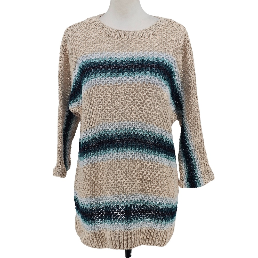 J. Jill Linen Blend Open Weave Striped Sweater Tunic XL Beige Blue Coastal Boho